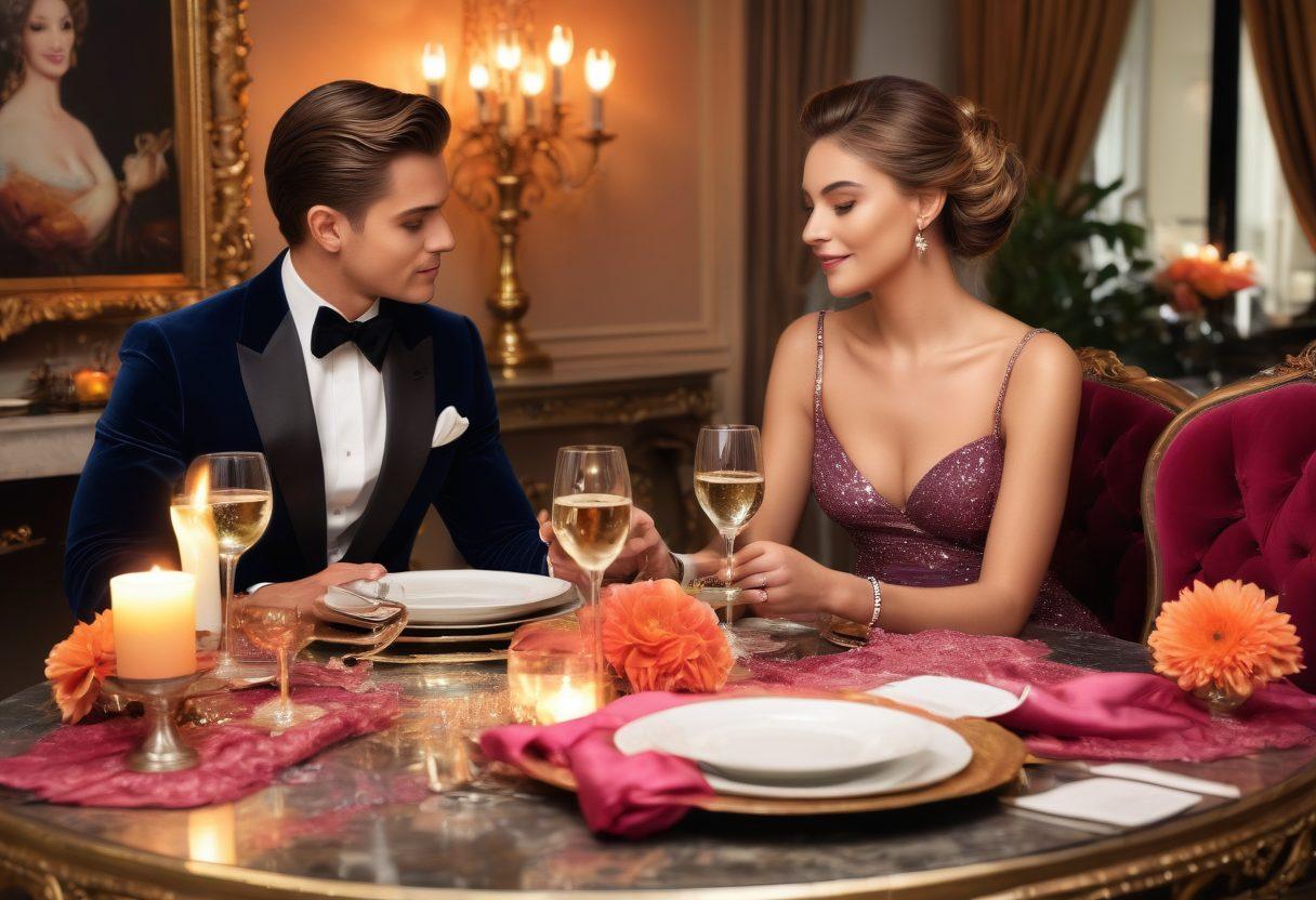 A lavish setting featuring an elegant dining table adorned with lavish dishes and sparkling wine, symbolizing luxury and indulgence. A well-dressed couple exchanging charming glances, surrounded by opulent decor and soft candlelight. Subtle hints of a magazine or laptop in the background, showcasing social media or dating apps relevant to sugar daddy relationships. Use vibrant colors and a touch of glamour. super-realistic. vibrant colors. 3D.