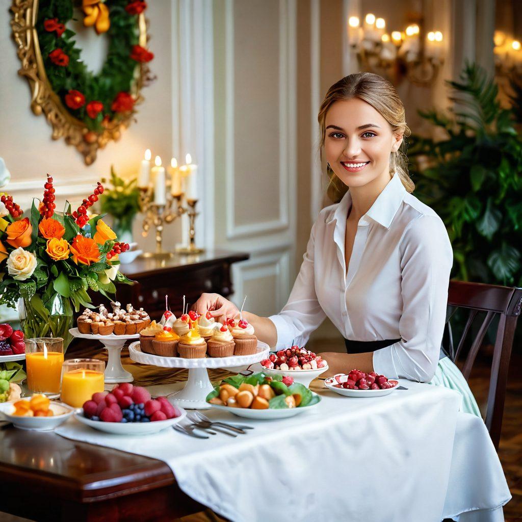 A confident person sitting at a beautifully set dining table, surrounded by sweet delicacies, symbolizing sugar arrangements. The scene should radiate warmth, with soft lighting highlighting the expressions of satisfaction and happiness. Include elements like elegant decor and a backdrop of lush greenery for a romantic touch. Features should convey harmony and mutual understanding. super-realistic. vibrant colors. soft focus.