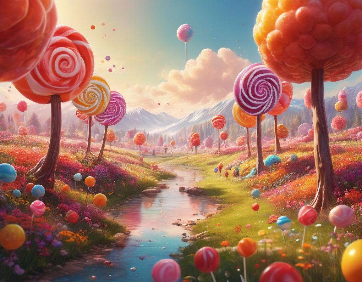 A vibrant, whimsical landscape filled with oversized lollipops, candy trees, and sugary rivers flowing through a sunny meadow. In the foreground, a group of joyful people enjoying sweets and sharing tips, surrounded by colorful desserts and cheerful decorations. Emphasize a sense of community and happiness in this sugary paradise. super-realistic. vibrant colors. fantasy style.